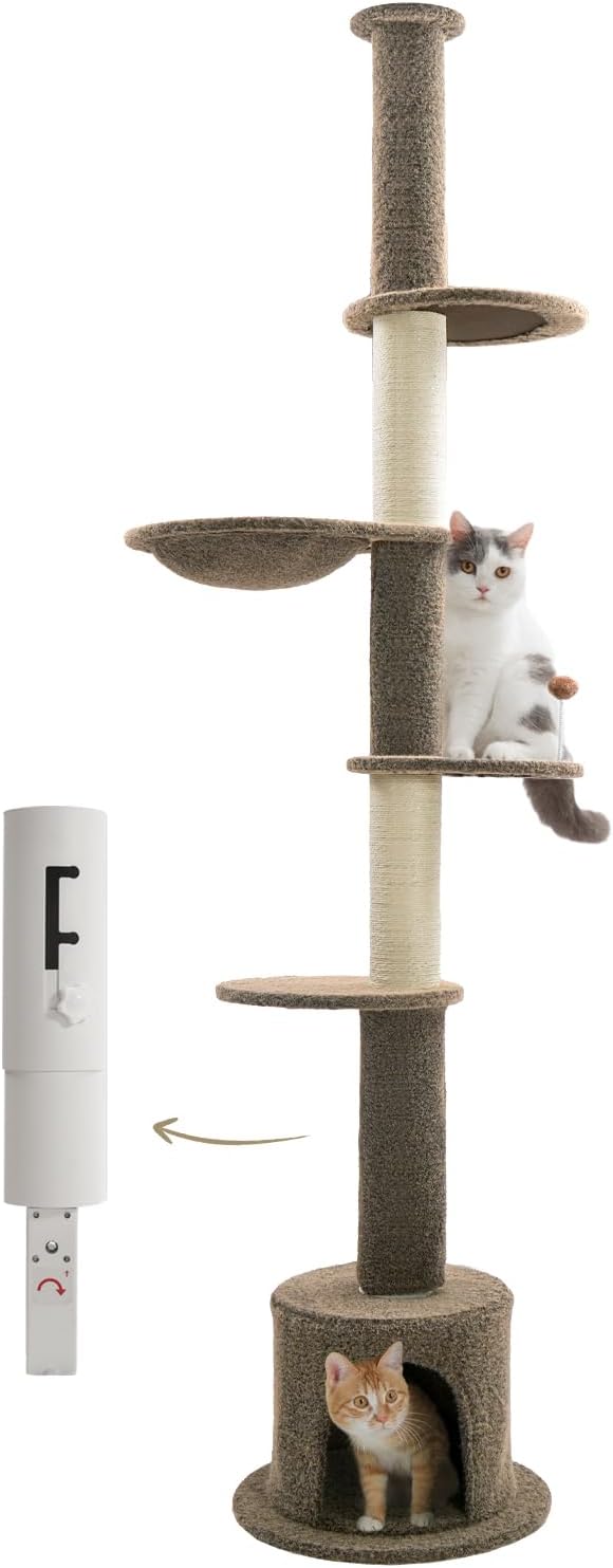 Made4Pets Floor to Ceiling Cat Tree 93-106'',Tall Cat Tower 5 Tiers, Adjustable Height, Stable Cat Tree Tower with Scratching Posts, Fluffy Condo, Hammock and Ball Toy for Indoor Cats/Kitten, Brown
