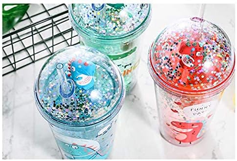 Dinosaur Cups with straw Travel Tumblers Water Bottle Ice Coffee Mugs Reusable Plastic Party Cup Birthday Gift (light green dinosaur, 6.5 * 20 cm)