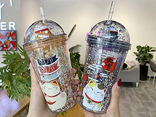 Lucky Cat Cups with Straw Kitten Party Cup Travel Tumblers Adults Ice Coffee Mugs Women Reusable Plastic Water Bottle Birthday Gift (orange cat, 6.5 * 20 cm)