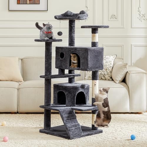 DUMOS 54-inch Indoor Cat Tree Tower –Multi-Level Pet House for Large Cats with 2 Condos, Scratching Posts, Round Platform, Small Ladder, and Toys – Perfect for Cats of All Ages, Dark Grey