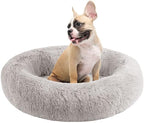 Friends Forever Serena Donut Memory Foam Orthopedic Dog Bed, Soft Faux Fur Oval Cat Couch For Indoor Pet, Fluffy Calming Plush Shag, Round Raised Bolster Cushion, Machine Washable Cuddler, Grey