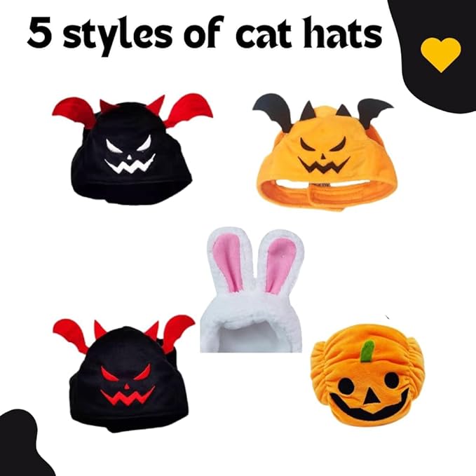 5 Pcs Halloween Cat Hat Cat Costume Pumpkin Cat Hats Bat Cosplay Hats,Kitten Puppy Dress Up Valentines Halloween Easter Costume Adjustable Accessory Headwear(Wacky Style)