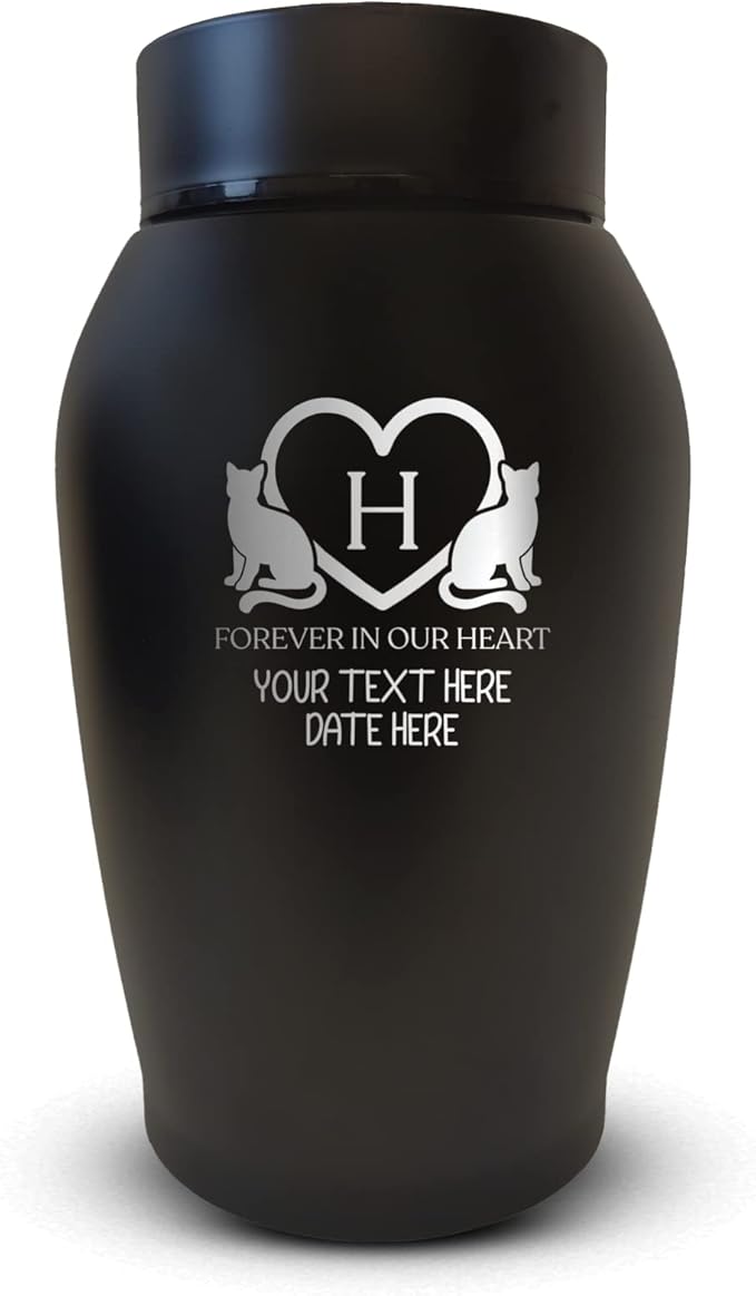 Personalized Custom Small Keepsake Urn Engraved with Pet Name, Date and Cat Design - 5.2" Black Powder Coated Steel Cremation Urn for Cat Ashes | 12-16 lb Capacity, Typography + Heart Border