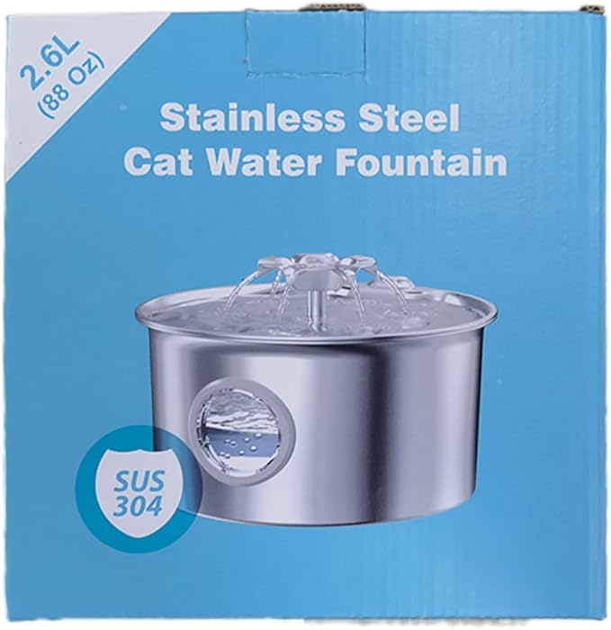 Stainless Steel Cat Water Fountain: 88oz/2.6L Ultra Quiet Pet Fountain with Flower Kitty Spout & LED Blue Light Water Dispenser with Water Level Window for Cats/Dogs Indoor (Silver) - IHOUONE