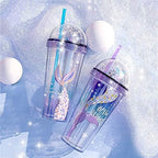 Mermaid Travel Tumblers Cups with Straw Party Cup Sparkle Water Bottle Ice Coffee Mugs Birthday Gift (mermaid 2, 420 ml)