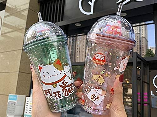 Cat Drink Cups with Straw Travel Tumblers Cups Cartoon Party Cup Ice Coffee Mug Water Bottle Birthday Gift (pink cat, 430ml cat)