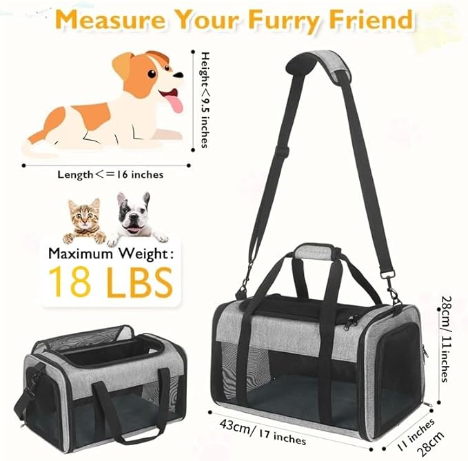 Cat Dog Carrier for Small Medium Pets up to 18 Lbs, Lightweight Portable Pet Bag, TSA Airline Approved Carrier, Soft Sided Cat Bag, Collapsible Travel Carrier(17x11x11 Grey)