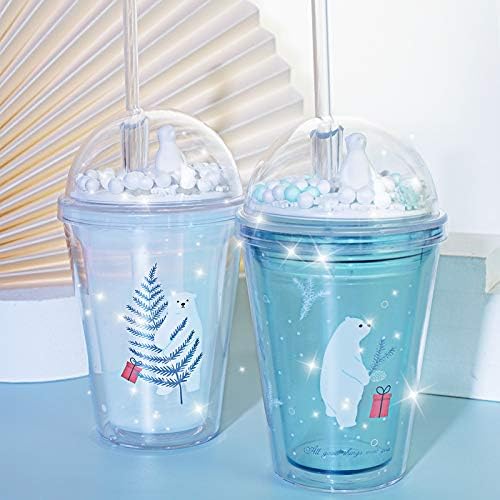 Polar Bear Travel Tumblers Cups with Straw kids Party Cup Reusable Plastic Cup Water Bottle (blue bear, 380 ml)
