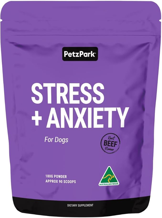 Stress and Anxiety Supplement for Dogs - Calming Dog Powder Supplement - Decreases Stress, Calms Fear & Anxiety, Eases Aggression & Insomnia, Relaxes Body and Mind - Beef Flavour - 6.4oz - 90 Scoops
