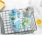 Dinosaur Cups with straw Travel Tumblers Water Bottle Ice Mugs Plastic Party Cup Birthday Gift (blue dinosaur, 6.5 * 20 cm)