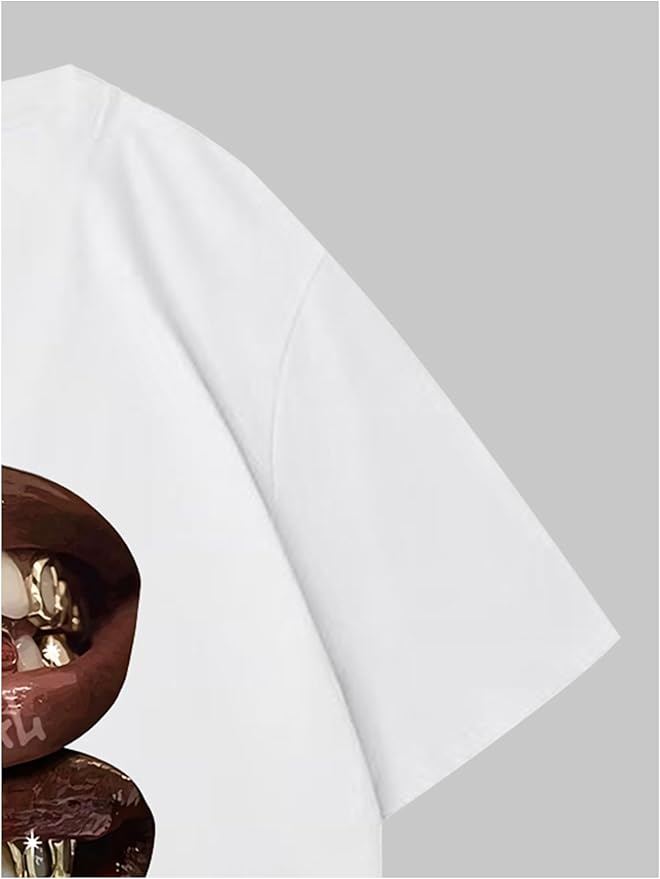 Verdusa Women's Lips Print Graphic Tees Y2k T Shirts Summer Crew Neck Vintage Going Out Tops