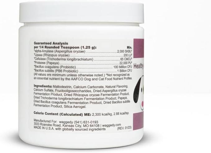 waggedy Advanced Probiotics Gut & Digestion Food Topper — Digestive Enzymes w/Papaya — Probiotic Powder — Dog Supplement Powder — Products for Dogs Over 6 Weeks (114g)