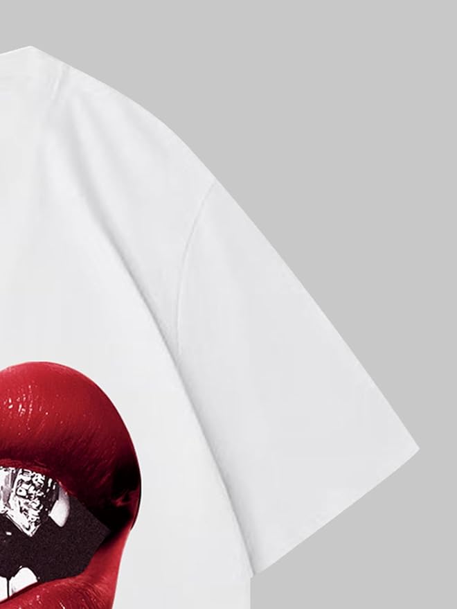 Verdusa Women's Lips Print Graphic Tees Y2k T Shirts Summer Crew Neck Vintage Going Out Tops