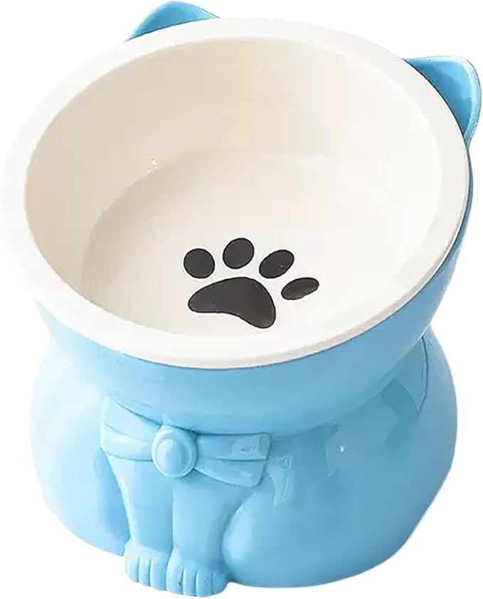 Ceramic Raised Cat Bowl 5 Inch - Tilted Anti-Vomiting & Whisker Fatigue Relief for Indoor Cats, Elevated Food Bowl for Small Dogs & Kittens, Blue