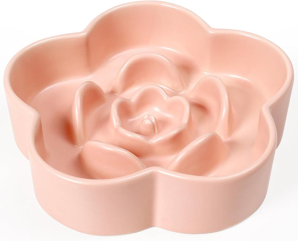 Ceramic Slow Feeder Dog Bowl, Anti-Choking Slow Food Bowls, 8" 11.3oz Slow Feeder for Medium, Large Breeds, Plum Puzzle Design, Non-Slip Silicone, Dishwasher and Microwave Safe, Pink