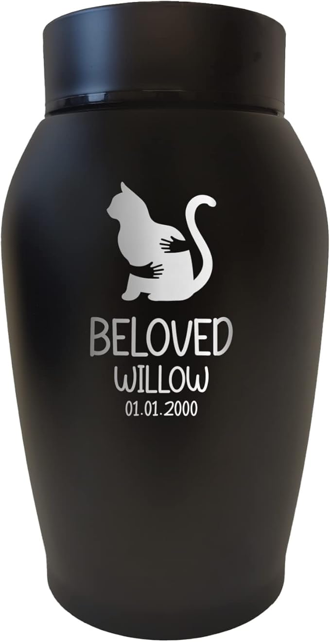 Personalized Custom Small Keepsake Urn Engraved with Pet Name, Date and Cat Design - 5.2" Black Powder Coated Steel Cremation Urn for Cat Ashes | 12-16 lb Capacity, Embrace