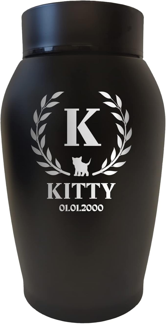 Personalized Custom Small Keepsake Urn Engraved with Pet Name, Date and Cat Design - 5.2" Black Cremation Urn for Cat Ashes | 12-16 lb Capacity, Monogram with Arch Leaves Border and Cat Silhouette
