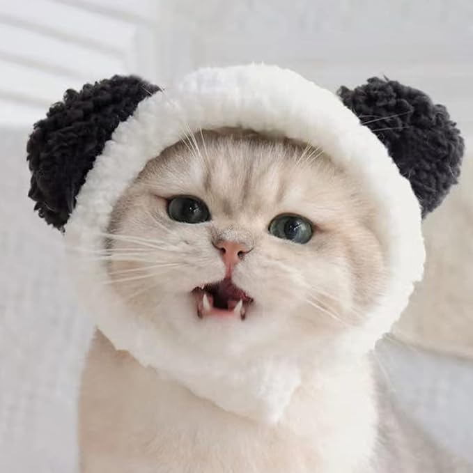 JOICEE Cute Cat Costume - Warm Bear Hat for Small Pets (Black & White)
