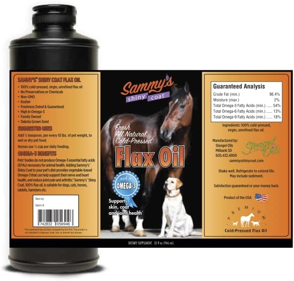Sammy’s™ Shiny Coat Flaxseed Oil - 100% Pure, Natural Flax Oil, Cold-Pressed, Excellent Source of Omega-3 for Your Furry Friend, for Healthier Skin and Coat of Your Dogs, Cats, Other Pets - 32 Oz