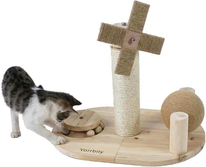 Cat Scratching Post, Cat Scratcher, Kitten Toys for Indoor,Cats Wooden Ball Track Windmill Shaped Sisal 14.5" Tall Scratch Post,Rolling Sisal Cat Scratching Ball