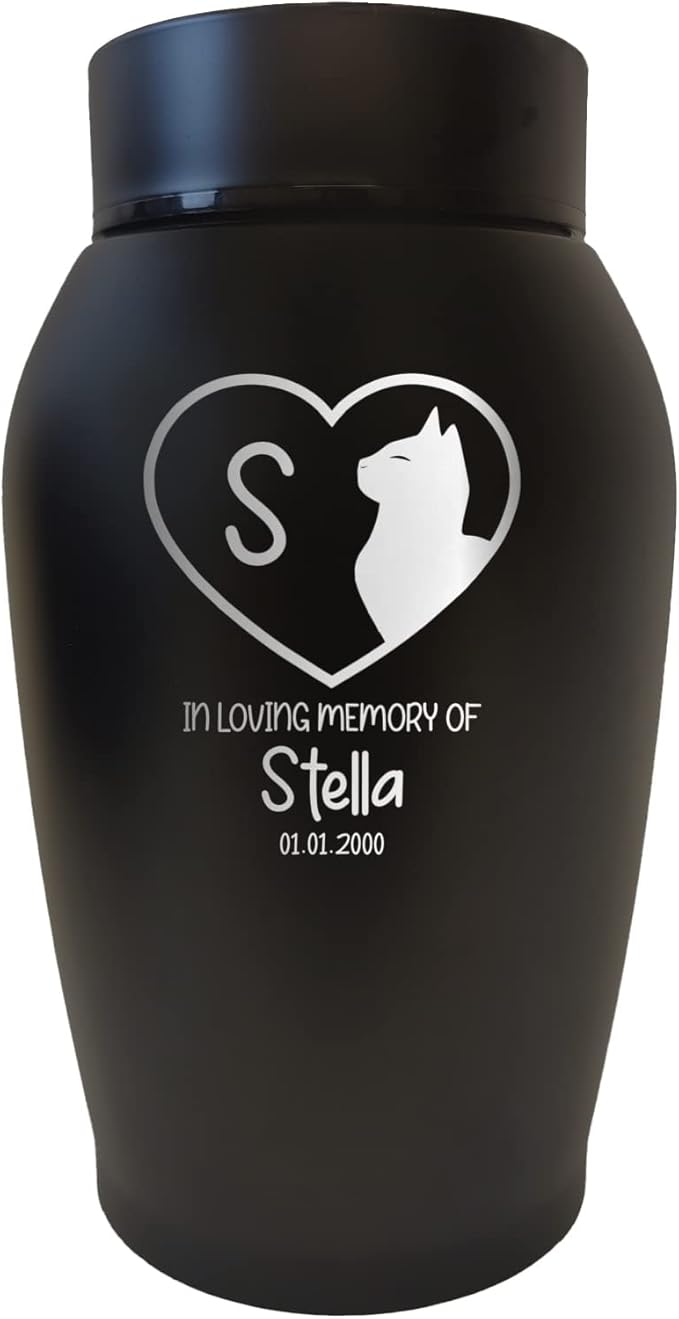 Personalized Custom Small Keepsake Urn Engraved with Pet Name, Date and Cat Design - 5.2" Black Powder Coated Steel Cremation Urn for Cat Ashes | 12-16 lb Capacity, Silhouette Inside Heart Shape