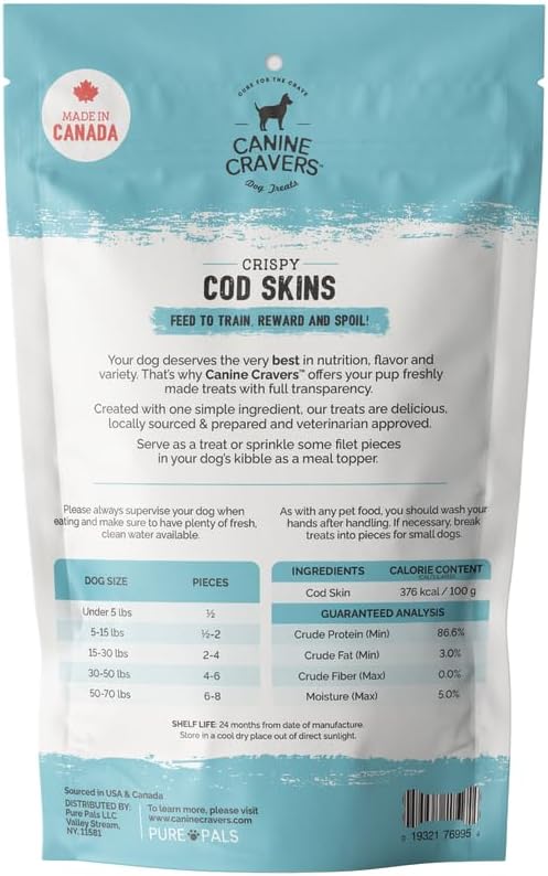 Canine Cravers Single Ingredient Dog Treats – Wild Caught Crispy Cod Skins - Human Grade Air Dried Hypoallergenic Pet Food – Grain, Gluten, and Soy Free – 100% All Natural – 4 oz