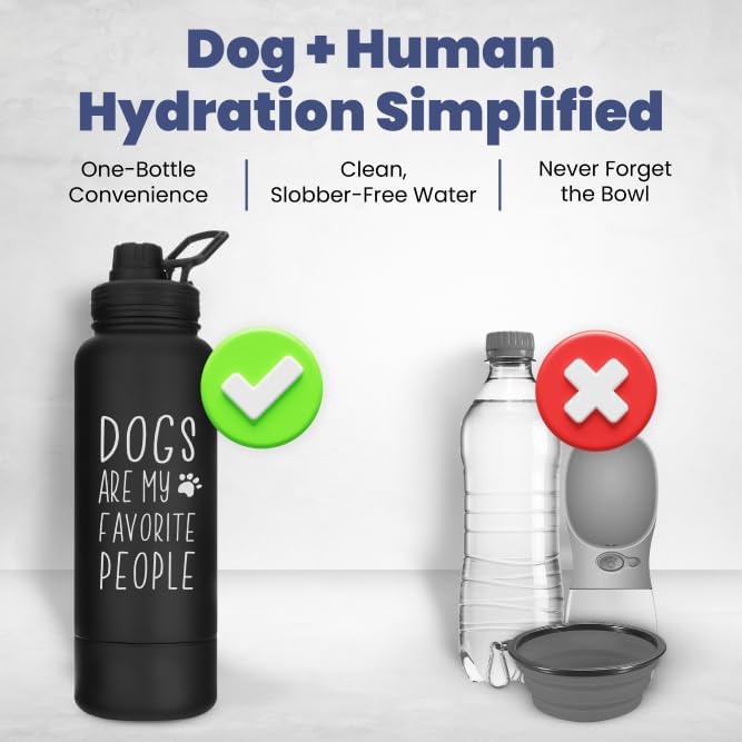 Dog Water Bottle for Dog Lovers - 32 oz Stainless Steel Double Wall Insulated Water Bottle with 8 oz Detachable Bowl on Bottom- Doggy Lover Gift for Hiking, Walks, Travel - “Favorite People” Black