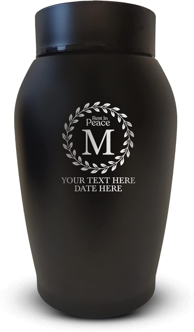 Personalized Custom Small Keepsake Urn Engraved with Pet Name, Date and Cat Design - 5.2" Black Powder Coated Steel Cremation Urn for Cat Ashes | 12-16 lb Capacity, Circular Leaves Border