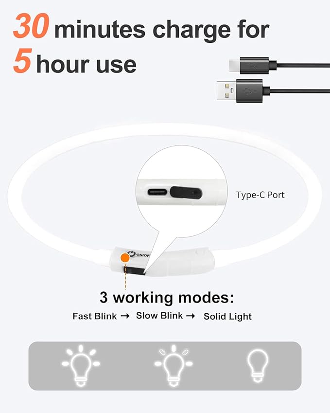 Joytale Light Up Dog Collar, Rechargeable Rainproof LED Collar for Night Walking Safety, Soft Silicone Glow in The Dark, Suitable for Small Medium Large Dogs, White