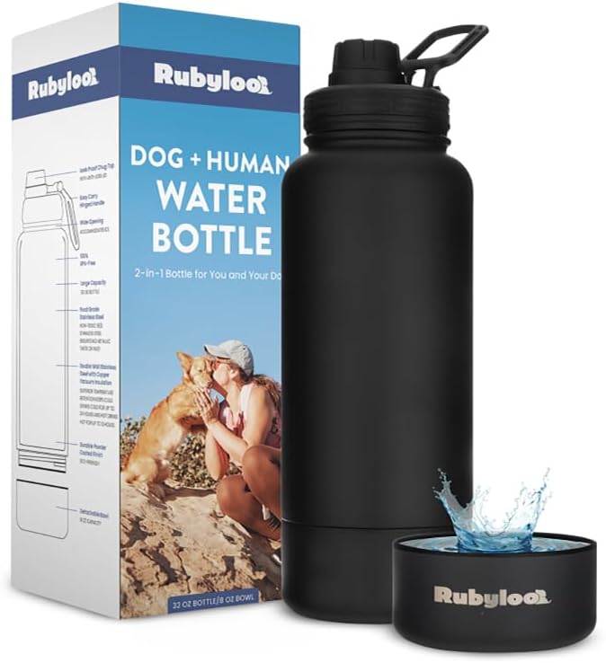 Dog Water Bottle for Dog Lovers - 32 oz Stainless Steel Double Wall Insulated Water Bottle with 8 oz Detachable Bowl on Bottom - Gift for Doggy Mom & Dad for Hiking, Walks, Travel - Black