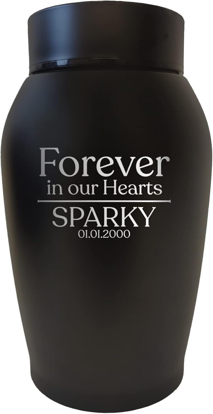 Personalized Custom Small Keepsake Urn Engraved with Pet Name, Date and Cat Design - 5.2" Black Powder Coated Steel Cremation Urn for Cat Ashes | 12-16 lb Capacity, Forever in Our Hearts