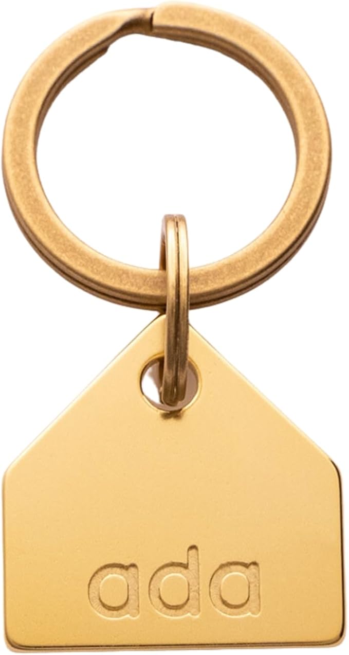 Solid Brass PET TAG - Modern, Minimal Pet IDs. Durable, Lifetime Tags with deep Cut Text. Includes Space for Two Phone Numbers. (House)