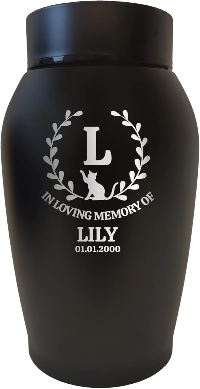 Personalized Custom Small Keepsake Urn Engraved with Pet Name, Date and Cat Design - 5.2" Black Powder Coated Steel Cremation Urn for Cat Ashes | 12-16 lb Capacity, Monogram with Arch Leaves Border