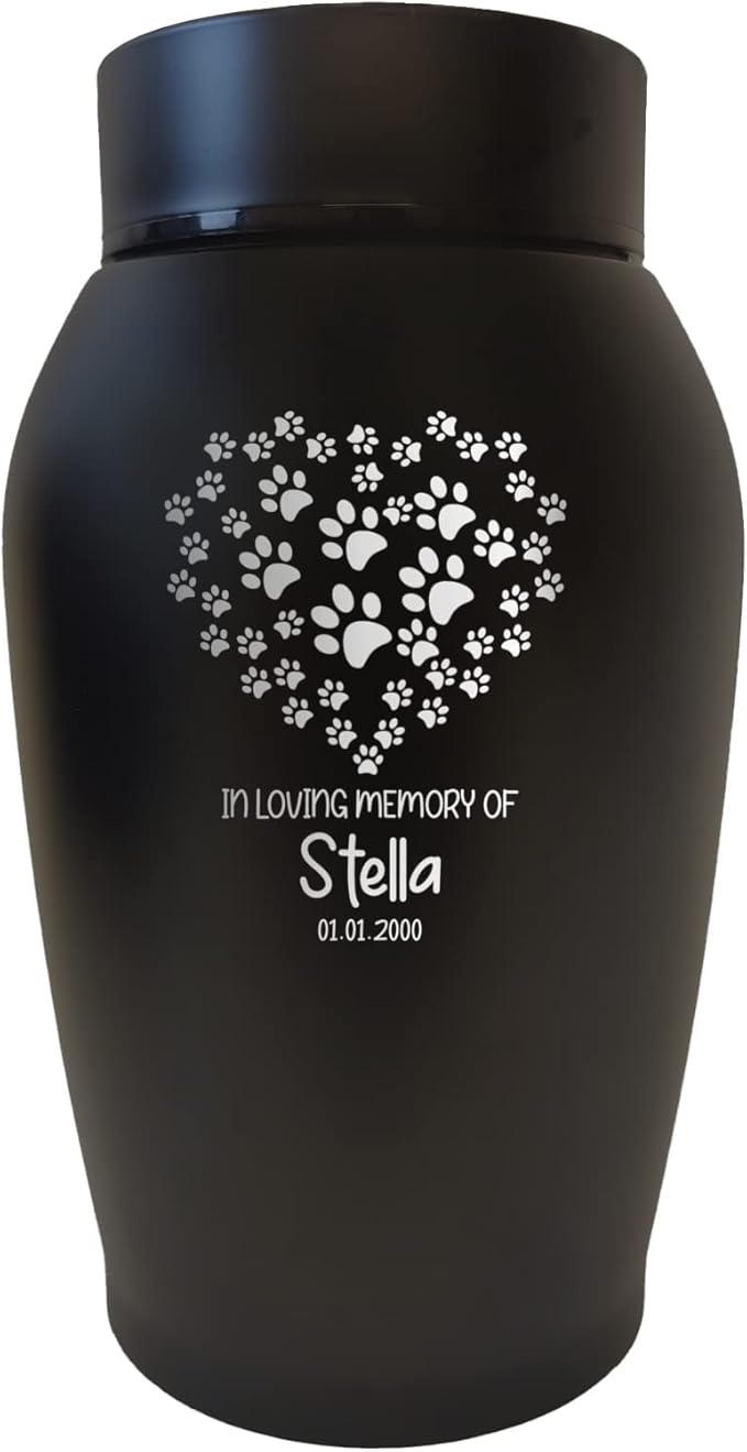 Personalized Custom Small Keepsake Urn Engraved with Pet Name, Date and Cat Design - 5.2" Black Powder Coated Steel Cremation Urn for Cat Ashes | 12-16 lb Capacity, Paws in Heart Pattern