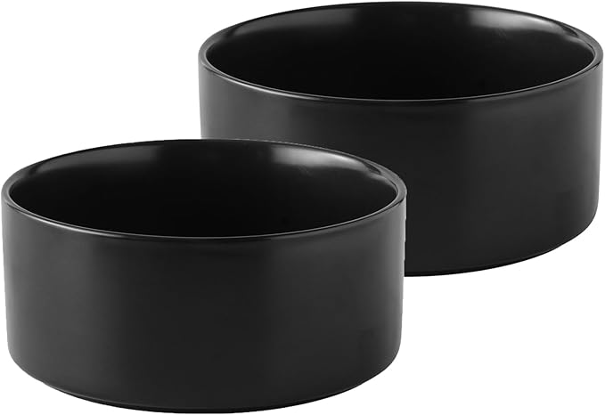 Ceramic Set of 2 Dog Bowls - Classic Dogs Food & Water Bowl for Small and Medium Breed, Heavy-Duty Non-Slip Dog Dishes, Food Grade Pet Bowl, Dishwasher & Microwave Safe (6'', 2*30OZ, Black)