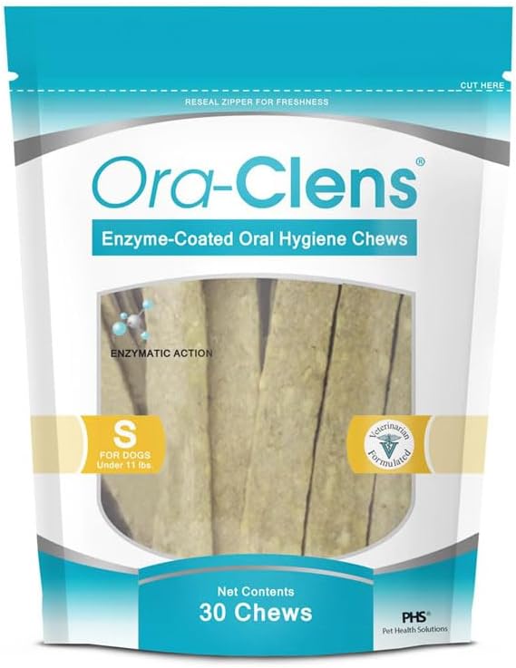 Oral Hygiene Chews for Small Dogs - Cleans Teeth and Freshens Breathe - Coated with Enzymes - Prevents Plaque & Bacteria Build Up - 30 Chews