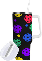 Boccsty Rainbow Pickleball Balls Insulated Tumblers Reusable Stainless Steel Tumbler 40 oz Cup Coffee Travel Mug Water Bottle with Handle & Flip Straw for Home Office Car
