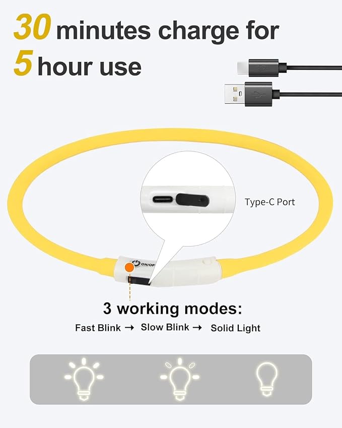 Joytale Light Up Dog Collar, Rechargeable Rainproof LED Collar for Night Walking Safety, Soft Silicone Glow in The Dark, Suitable for Small Medium Large Dogs, Yellow