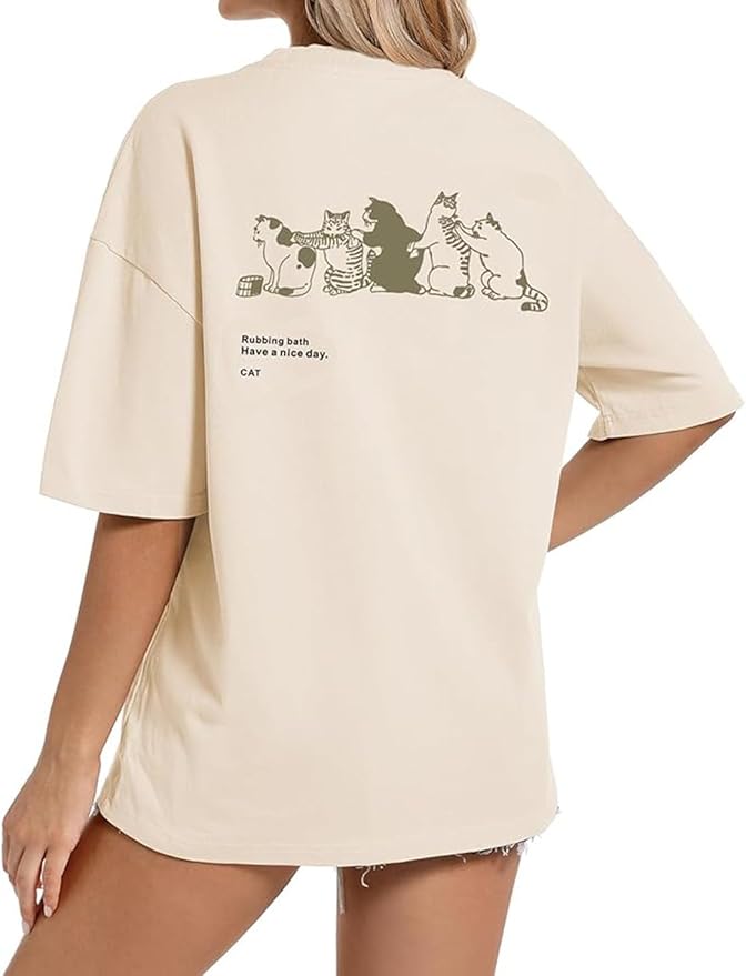 Womens Vintage Graphic Tee Shirt Cat Print Short Sleeve Loose Tunic Tops Gothic Oversized Punk Baggy Shirts