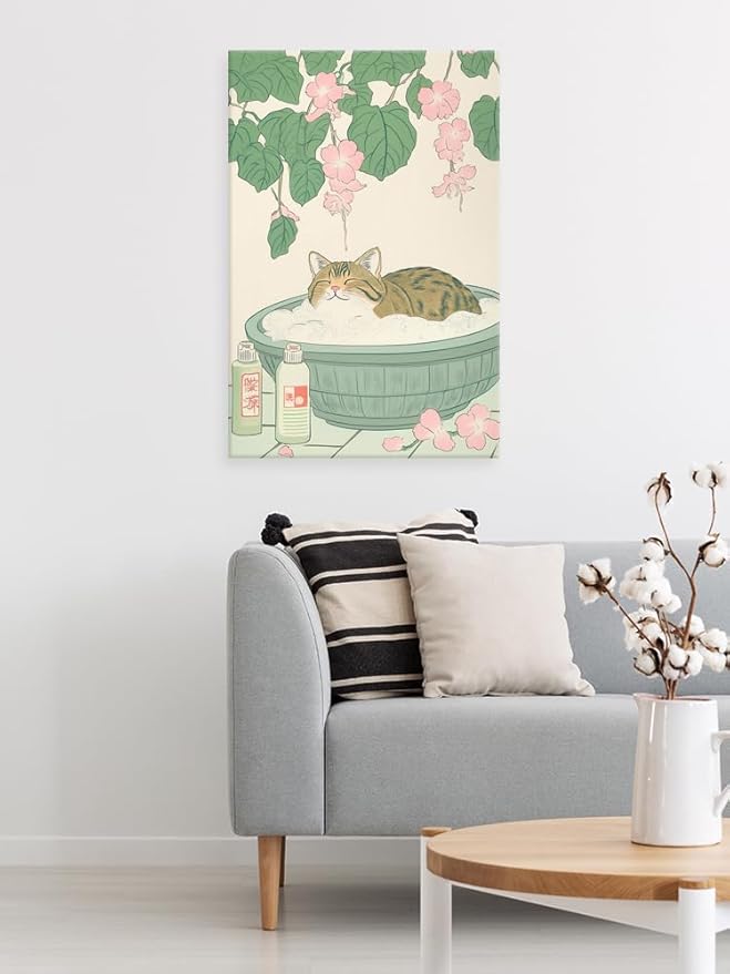Vintage Tabby Cat in Bathtub Wall Art Funny Japanese Poster Print Relaxation Decor Cute Animal Pet Canvas Neutral Japan Painting for Bathroom Dorm Living Room Home Aesthetic 16x24inch Framed