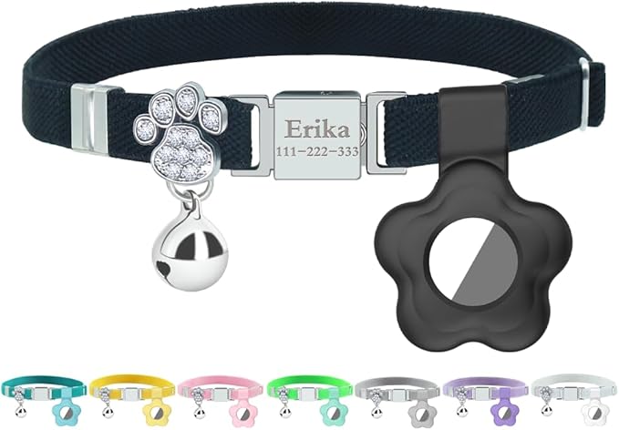 Personalized Safety Elastic Cat Collars with Bell Soft Silicone Cover for Air Tag,Laser Customized Stretch Kitten Collars for Girls Boys Cats (Black)