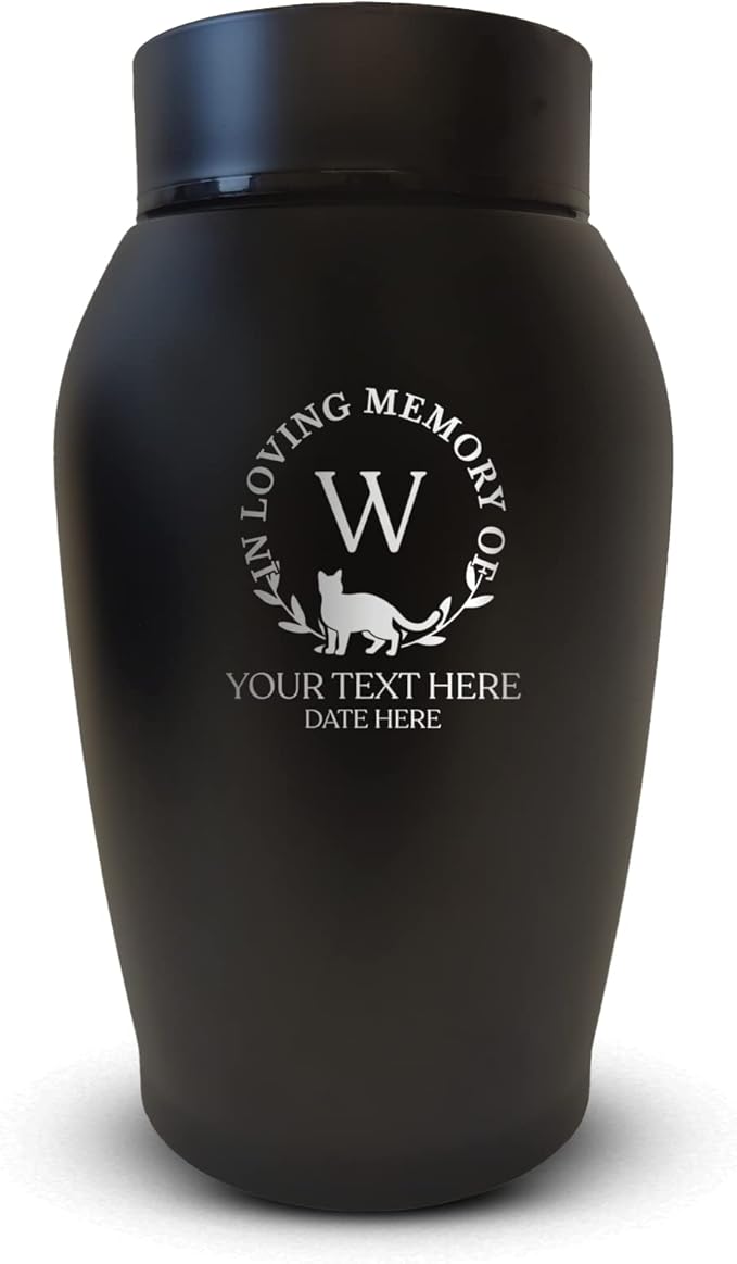 Personalized Custom Small Keepsake Urn Engraved with Pet Name, Date and Cat Design - 5.2" Black Powder Coated Steel Cremation Urn for Cat Ashes | 12-16 lb Capacity, Typography + Cat