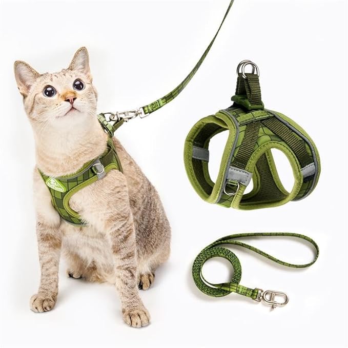 Cat Harness and Leash Set, Step-in Escape Proof Adjustable Vest Harness for Small Medium Large Cats, Lightweight Soft Breathable Reflective Kitten Harness for Walking Travel, Camping(Green, S)