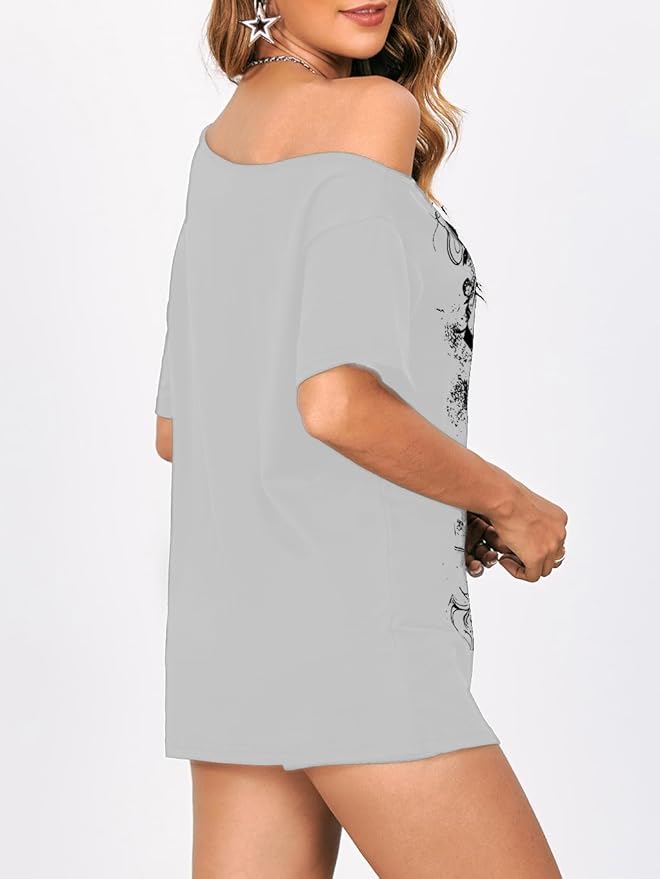 SOLY HUX Women's Off The Shoulder Tops Graphic Tees Y2k Vintage Gothic Oversized T Shirts Streetwear