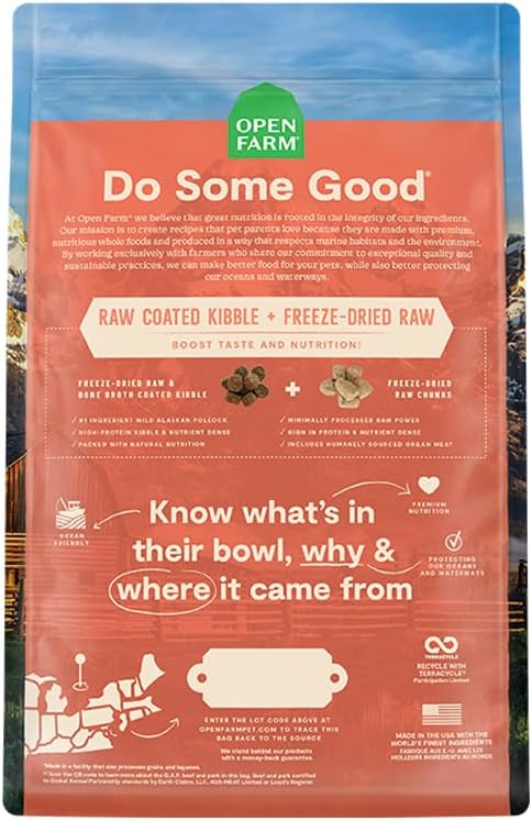 Open Farm, RawMix Dry Dog Food with Ancient Grains, Protein-Packed Kibble Coated in Bone Broth with Freeze Dried Raw Chunks, Pollock Beef & Salmon, Tide & Terrain Recipe, 3.5lb Bag