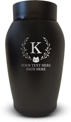 Personalized Custom Small Keepsake Urn Engraved with Pet Name, Date and Cat Design - 5.2" Black Powder Coated Steel Cremation Urn for Cat Ashes | 12-16 lb Capacity, Cat Face + Leaves Borders