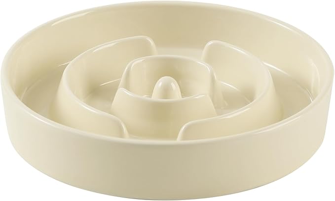 7.3inch Ceramic Slow Feeder Dog Bowl for Medium and Large Breed, Puzzle Dog Food Dish, Anti-Gulping, Pet Slow Feeder, Stop Bloat, Preventing Choking (Single Bowl-Beige)