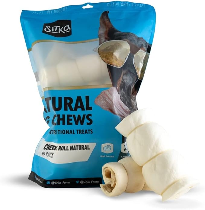 Sitka Farms Beef Cheek ROLL Natural 5-6 Inch (10 Count) Extra Thick Dog Chew Bones No Rawhide Sourced from Free Range Grass Fed/Healthy Teeth and Gums for Small Medium and Large Dogs