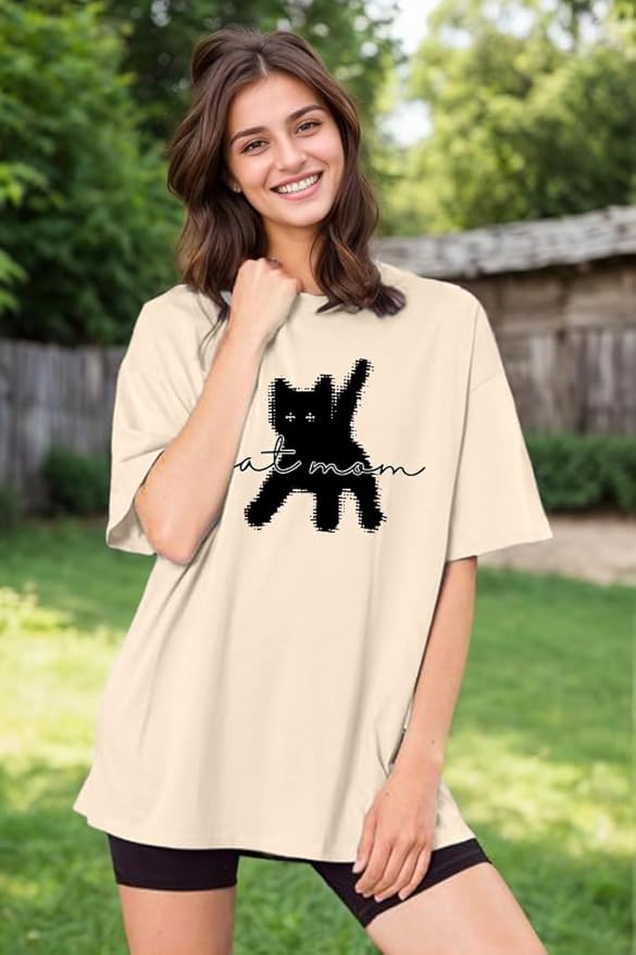 Cat Shirts for Women Cute Cat Mom Oversized Shirt Funny Pet Graphic Tees Y2k Teen Girl Clothes
