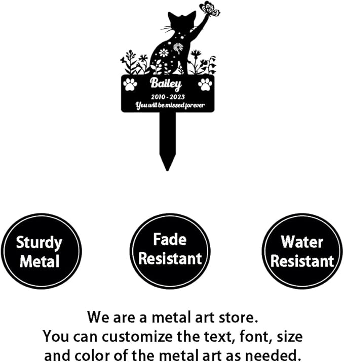 Custom Pet Cat Memorial Grave Marker, Personalized Flowers Cat Memorial Grave Marker Metal Art Cat Remembrance Loss Gift, Customized Butterfly Cat Memorial Engraved Sign with Stake